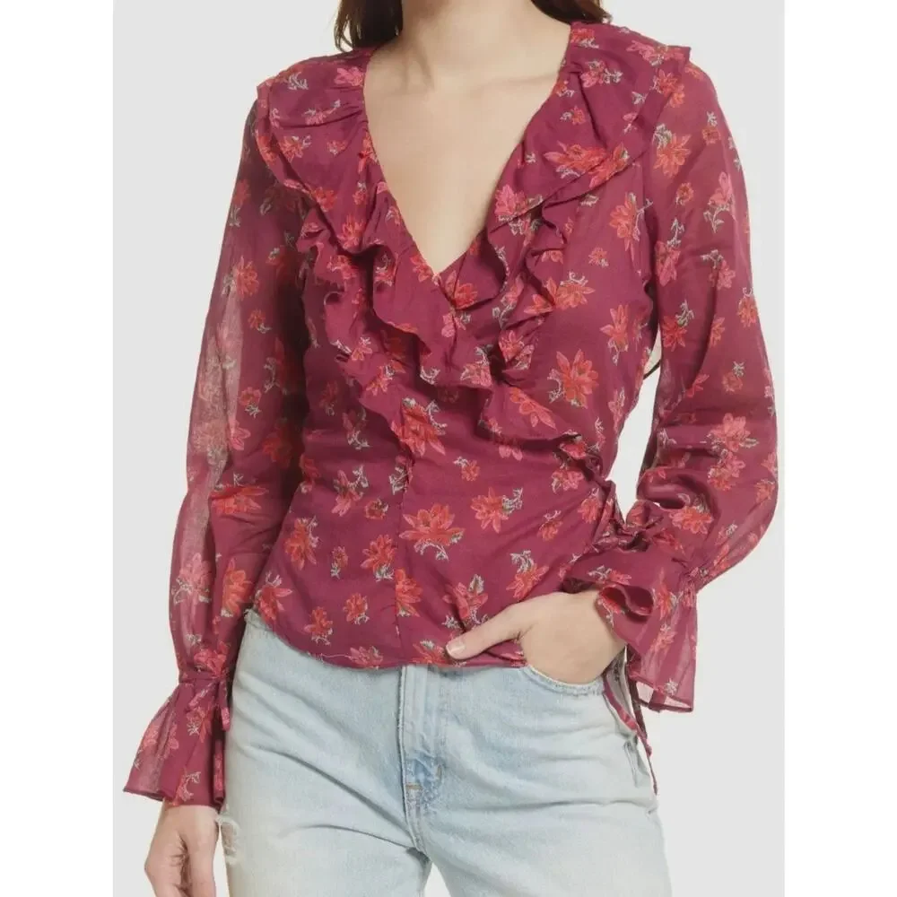 Free People Amanda Ruffle Wrap Blouse Womens XL Floral Tie Front Sheer Boho